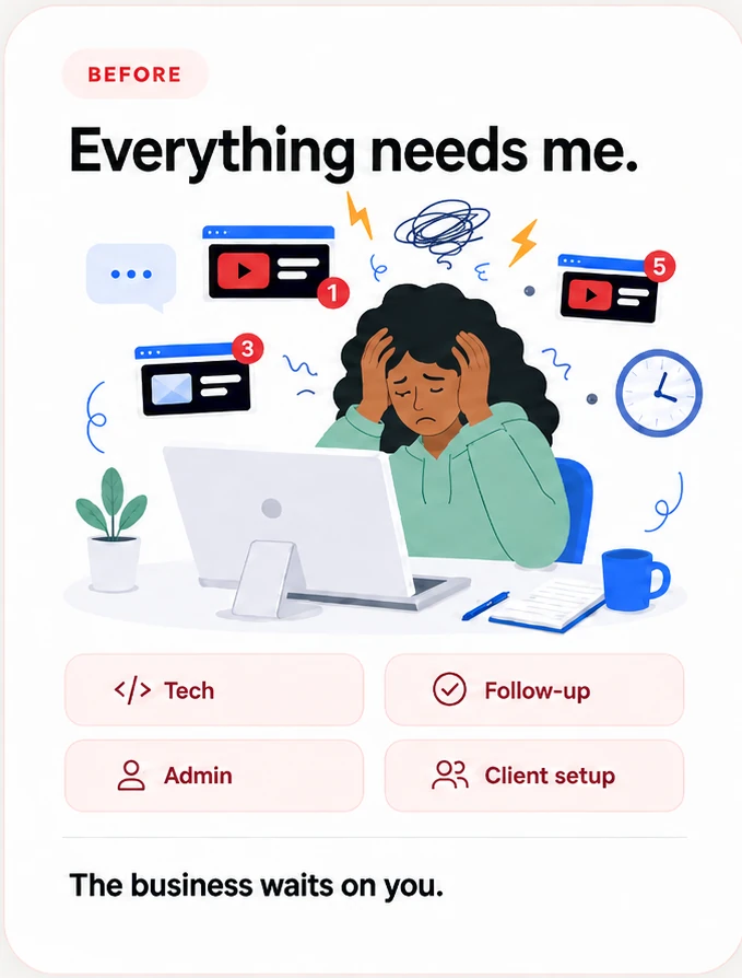 Before: everything needs the owner, including tech, follow-up, admin, and client setup.